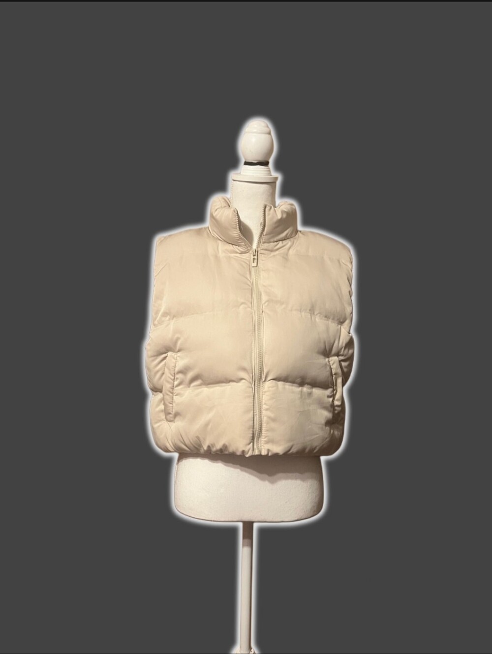 Cropped Puffer Vest in Cream with High Collar